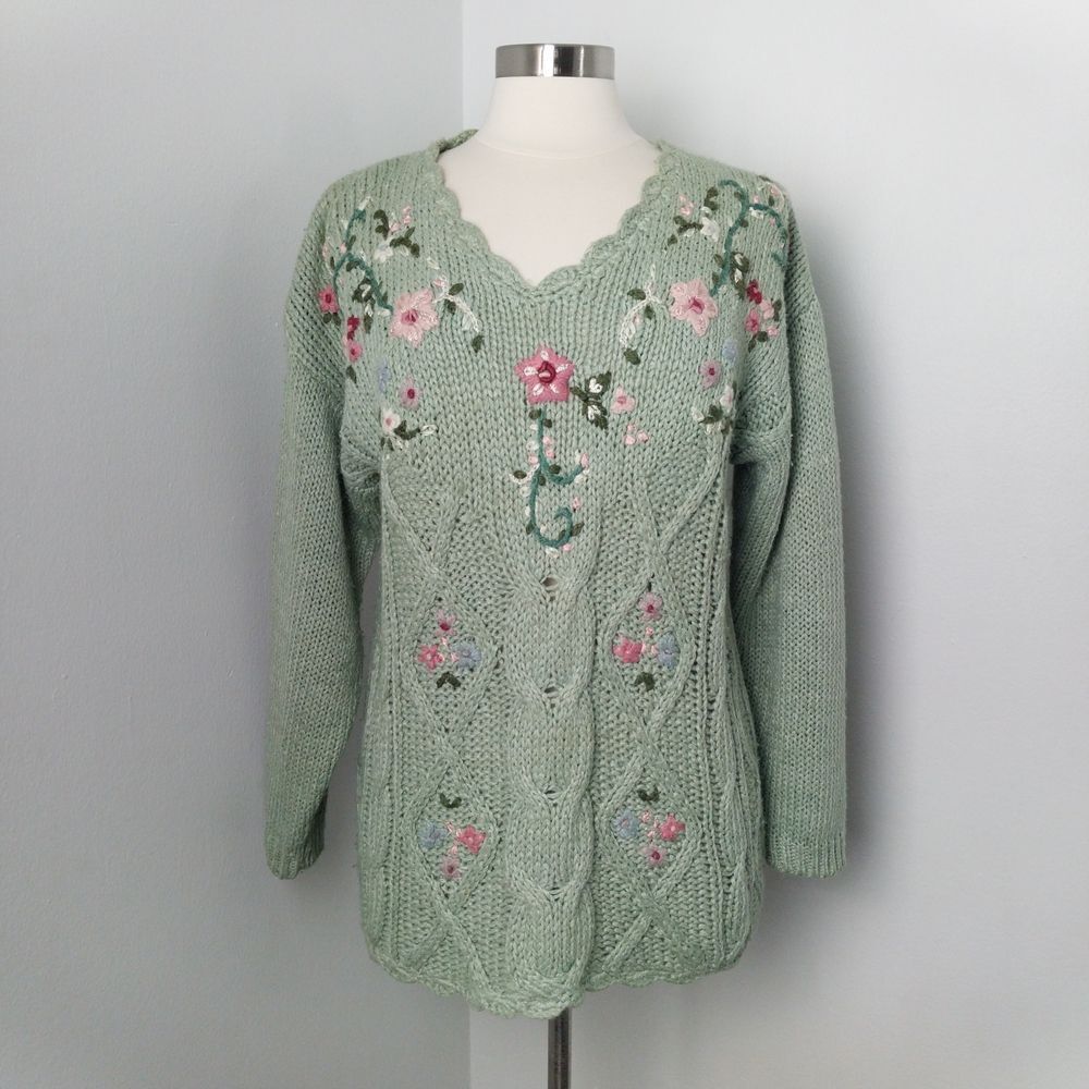 Handmade Vintage Bobbie Brooks Mint Green Floral V-Neck Knit Sweater Size Large